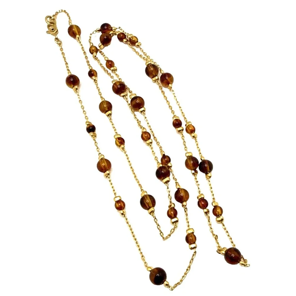 Vintage MONET Amber Brown Bead Station Necklace Gold Tone Opera Statement 30